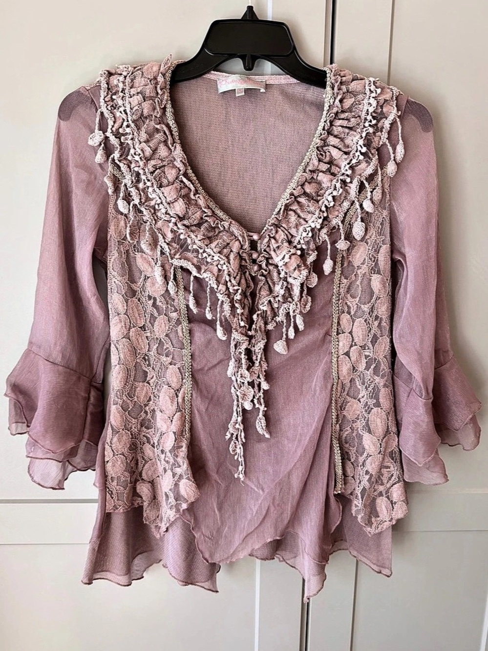 Pretty Angel 52% Silk Y2K Mauve Lace Ruffle Bell Sleeve Boho Tunic Top M